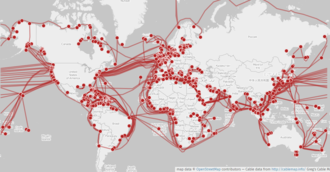 World map showing submarine cables in 2015 Submarine cable map umap.png