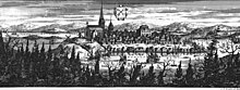 An engraving of Luleå New Town from Suecia Antiqua et Hodierna. The most prominent buildings are the church and the town hall.