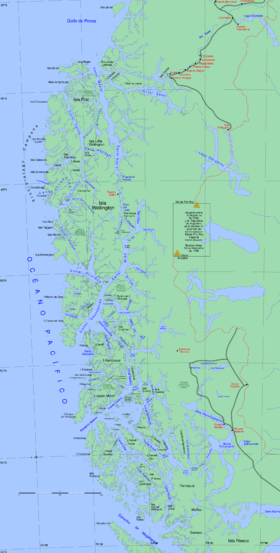 La côte sud du Chili et l'archipel de Patagonie. L'île Manuel Rodríguez se trouveentre les 52e et 53e parallèles sud,sur le 74e méridien ouest