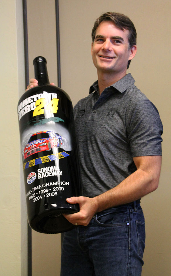 Jeff Gordon received a commemorative wine bottle celebrating his record holding wins and final race at Sonoma Raceway, 2015