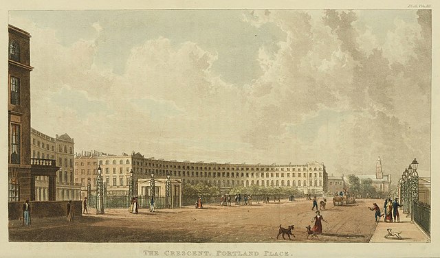 Painting showing an old name: The Crescent, Portland Place by Rudolph Ackermann, 1822.