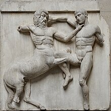 High relief metope from the Classical Greek Parthenon Marbles. Some front limbs are actually detached from the background completely, while the centaur's left rear leg is in low relief. The Parthenon sculptures, British Museum (14063376069) (2) (cropped).jpg