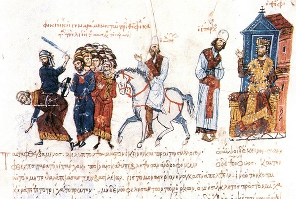 Theophilos ordering the urban prefect to execute his father's co-conspirators, who were involved in the murder of Leo V