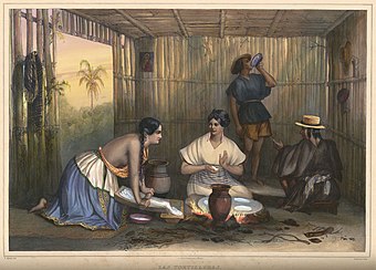 An 1836 lithograph of Mexican women making tortillas by Carl Nebel