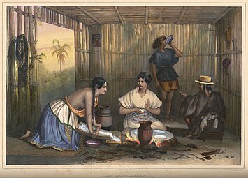 An 1836 lithograph of Mexican women making tortillas by Carl Nebel