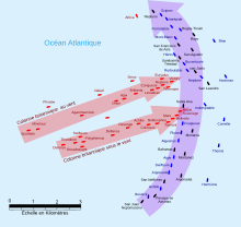 Mapa de la batalla de Trafalgar que muestra dos columnas de barcos británicos cortando la línea de barcos franco-españoles.