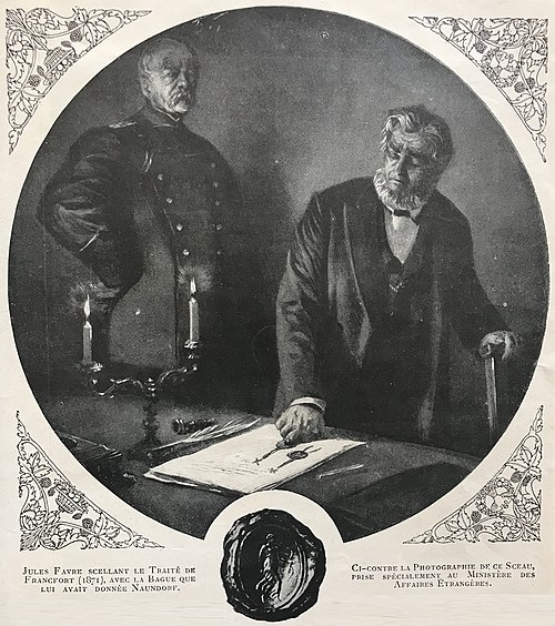 Watched by Bismarck, Jules Favre, French Minister of Foreign Affairs, puts his seal on the Treaty of Frankfurt.