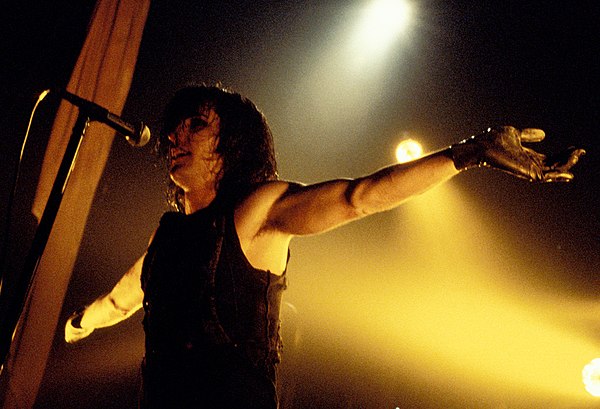 The opening act of the tour's American leg was Nine Inch Nails, led by Trent Reznor (pictured in 1994). The partnership resulted in multiple collabora