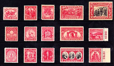 Two Cent Red Sesquicentennial issues of 1926-1932 Two Cent Reds of 1926-1930.jpg