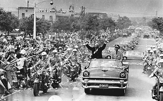 With Republic of China President Chiang Kai-shek, Eisenhower waved to Taiwanese people during his visit to Taipei, Taiwan in June 1960.