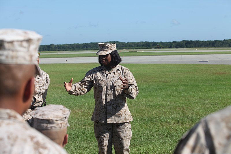 File:U. S. Marine Sgt. Maj. Levita Smith, Sgt. Maj. of to Headquarters and Headquarters Squadron, speaks to Marines after the drill portion of the Commanding General's Inspection, near the Headquarters Building 130827-M-VR358-266.jpg