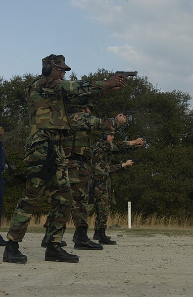 File:US Navy 050412-N-4614W-002 Photographer's Mate 1st Class Gino Carr, left, takes aim during his 9mm pistol qualification.jpg