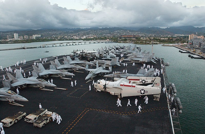 File:US Navy 070409-N-4009P-313 Sailors aboard the Nimitz-class aircraft carrier USS Ronald Reagan (CVN 76) depart the flight deck after manning the rails as the ship pulled into Pearl Harbor.jpg