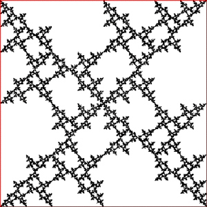 A point inside a square repeatedly jumps half of the distance towards a randomly chosen vertex, but the currently chosen vertex cannot be 1 place away (anti-clockwise) from the previously chosen vertex. V4 ban1 inc1.gif