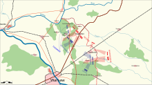 Mapa da área a nordeste de Varsóvia, a sudoeste de Modlin, com Radzymin e Wołomin no centro.  Principais ataques russos de 14 de agosto marcados com flechas.