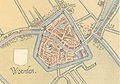 Versterkingen rond 1550. De drie toen aanwezige stadspoorten zijn als kleine getekende gebouwen aangegeven.
