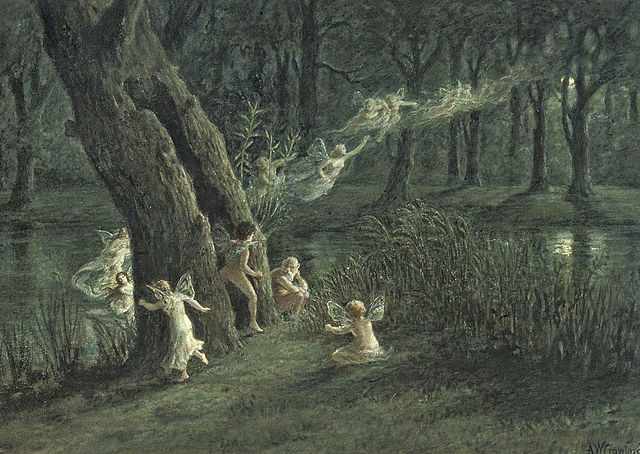 Dancing fairies in a woodland.