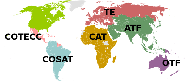 Map of the world showing countries whose national tennis associations are ITF members. Colors indicate the six regional associations.