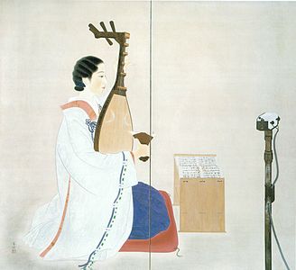 La pintura de Shibata Suihi de un chikuzen biwa