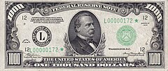 שטר $1000 משנת 1928. עליו מוטבע דיוקנו של גרובר קליבלנד, נשיא ארצות הברית ה-22 וה-24