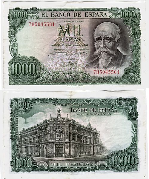 A 1,000 pesetas note with the image of José Echegaray and the Bank of Spain