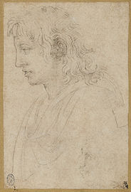 Michelangelo Buonarroti, Bust of a Youth and Caricature Head of an Old Man, Both in Left Profile, ca. 1530, black chalk on tan laid paper