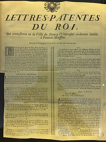 Letters patent transferring a predecessor of the University of Lorraine to Nancy in 1768