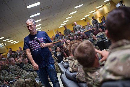 Stewart speaking to U.S. Army soldiers at Kandahar Air Field, Afghanistan in 2018