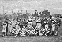 The British Isles Australian rules team in 1888 at Scotch Oval, close to the Melbourne Cricket Ground and the East Melbourne Cricket Ground, on both of which the team played Australian Rules Football against local clubs 1888 British Lions.jpg