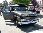 Front view of a 1961 streched Chevrolet Suburban