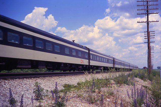 CNR Rapido train cars in Pickering, July 1968. In an effort to attract riders, new train cars were acquired by CN in the 1960s.