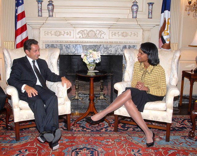 Sarkozy as Minister of the Interior with U.S. Secretary of State Condoleezza Rice, after their bilateral meeting in Washington, D.C., 12 September 200