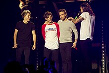 Gli One Direction si esibiscono a Birmingham durante la leg europea dell'On the Road Again Tour.