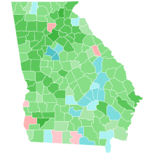 Shafer
.mw-parser-output .legend{page-break-inside:avoid;break-inside:avoid-column}.mw-parser-output .legend-color{display:inline-block;min-width:1.25em;height:1.25em;line-height:1.25;margin:1px 0;text-align:center;border:1px solid black;background-color:transparent;color:black}.mw-parser-output .legend-text{}
30-40%
40-50%
50-60%
60-70%
Duncan
30-40%
40-50%
Jeffares
30-40%
40-50%
50-60% 2018 Georgia lieutenant gubernatorial Republican primary results map by county.svg