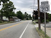 MD 213 southbound in Galena 2022-06-22 16 25 47 View south along Maryland State Route 213 (West Cross Street) just south of Maryland State Route 290 and Maryland State Route 313 (South Main Street) in Galena, Kent County, Maryland.jpg