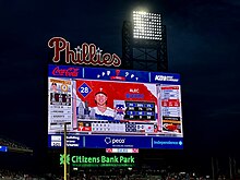 Aerial view of Philadelphia, Pennsylvania, with a focus on two of the city  professional sports venues: Citizens Bank Park, home of the baseball  Philadelphia Phillies (foreground); and the football Philadelphia Eagles'  Lincoln