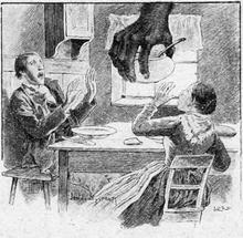 Ett par sitter vid ett matbord då en stor, ful, svart hand tar bort skålen med välling.