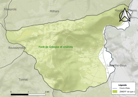 Carte de la ZNIEFF de type 2 sur la commune.