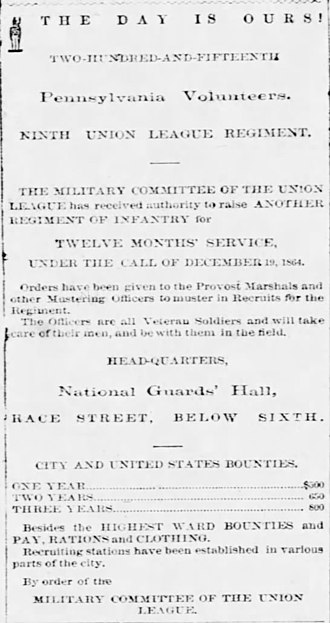 A newspaper recruiting advertisement for the regiment 9th Union League Regiment Recruiting Advertisement.jpg