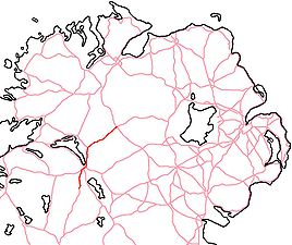 The route of the A32 in red from Omagh (County Tyrone) to Swanlinbar (County Cavan). A32 road (Ireland).jpg