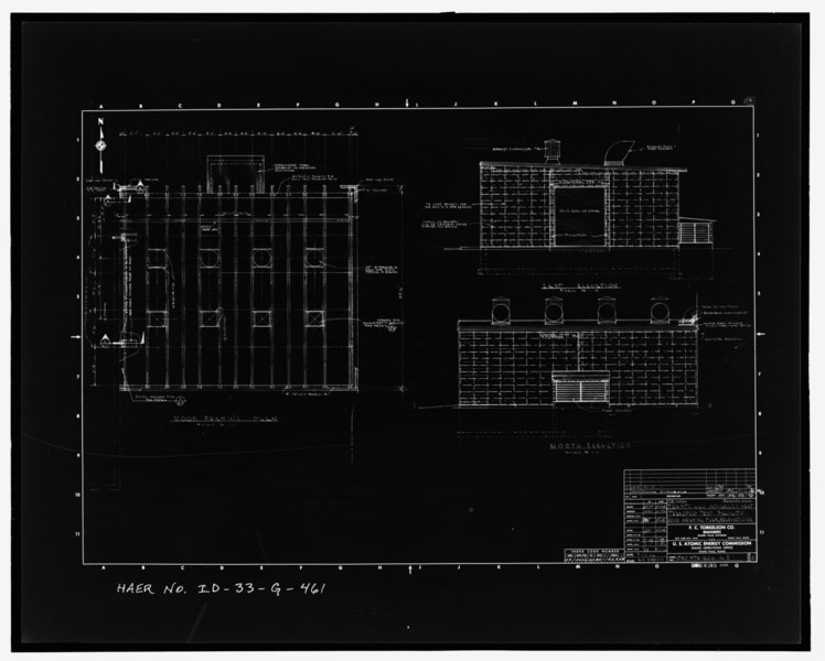 File:ADVANCED HEAT TRANSFER TEST FACILITY, TRA-666A. ELEVATIONS. ROOF FRAMING PLAN. CONCRETE BLOCK SIDING. SLOPED ROOF. ROLL-UP DOOR. AIR INTAKE ENCLOSURE ON NORTH SIDE. F.C. TORKELSON 842 HAER ID-33-G-461.tif