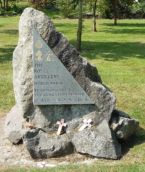 ATS 'Ack-Ack Girls' memorial at the National Memorial Arboretum. The badges depicted are those of the Auxiliary Territorial Service, Royal Artillery a