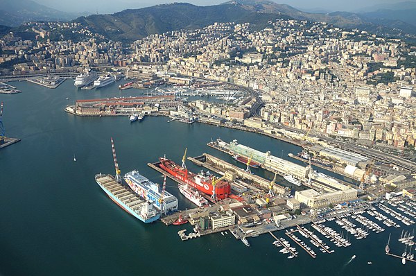 Aerial view over the harbour of Genoa