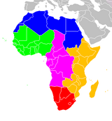 Vänster: Centralafrika (cerise) och södra Afrika (rött) är ämnet denna vecka. Höger: Miriam Makeba.