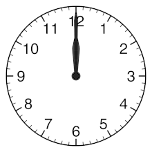 Midnight (or noon) to 1 on a 12-hour clock with an analogue face