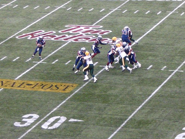 Montreal Alouettes quarterback Anthony Calvillo looks down field with the ball during the 2005 Grey Cup game against the Edmonton Eskimos at BC Place.