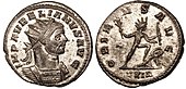 Coin of the Roman emperor Aurelian, 274-275: Aurelian and Sol Invictus are wearing a radiate crown Antoninianus-Aurelianus-Palmyra-s3262.jpg