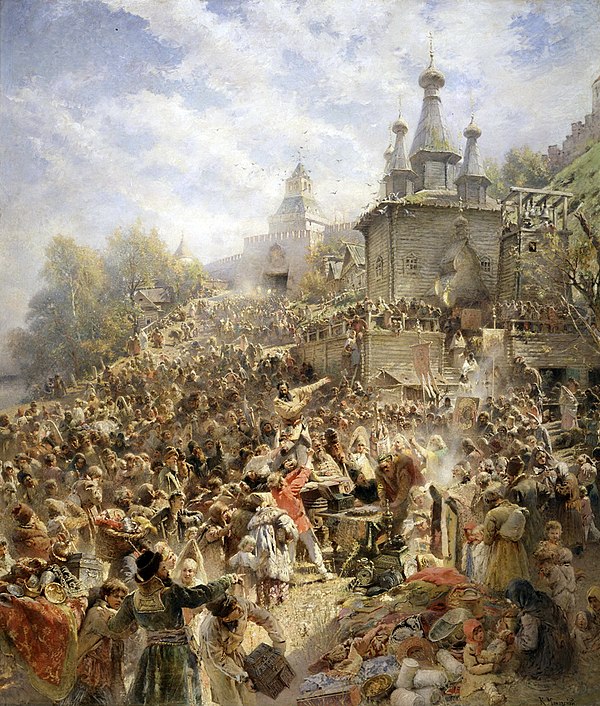 Konstantin Makovsky's Appeal of Minin (1896) depicts Kuzma Minin against the background of the church of St. John the Baptist appealing to the people 