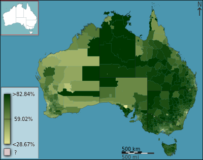 People whose parents were both born in Australia percentage of the population in Australia divided geographically by statistical local area, as of the 2011 census Australian Census 2011 demographic map - Australia by SLA - BCP field 1244 Total Persons Both parents born in Australia.svg