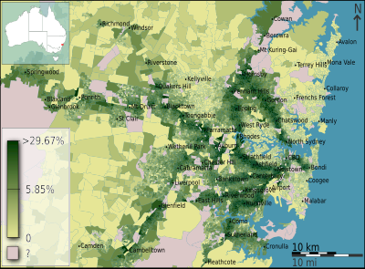 Distribution map showing the percentage of the employed population who travel to work by train only, according to the 2011 census Australian Census 2011 demographic map - Inner Sydney by SA1 - BCP field 7837 One method Train Persons.svg